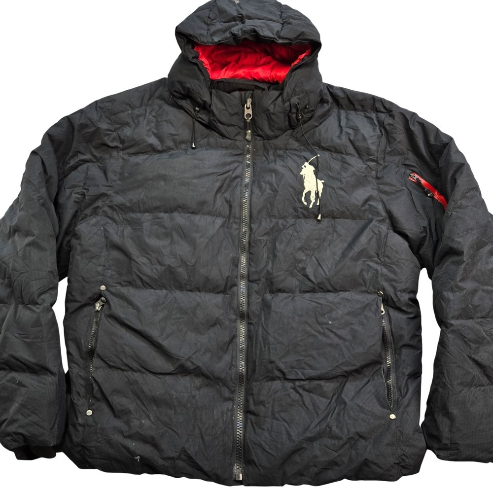 Polo Ralph Lauren Jacket Mens Big 2X Black Puffer Hooded Insulated Red Lined